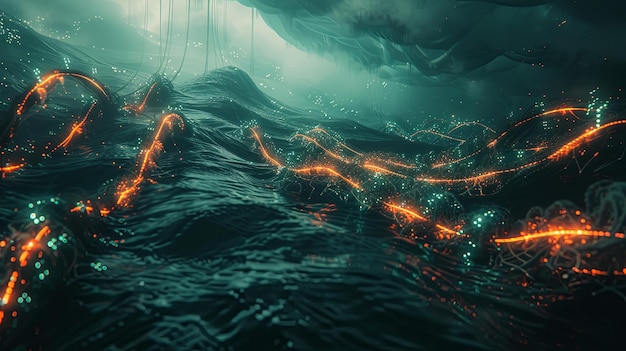 Glowing Internet Cables Ablaze Light Up the Abyss of a Vast Ocean in a Retrofuturistic Style