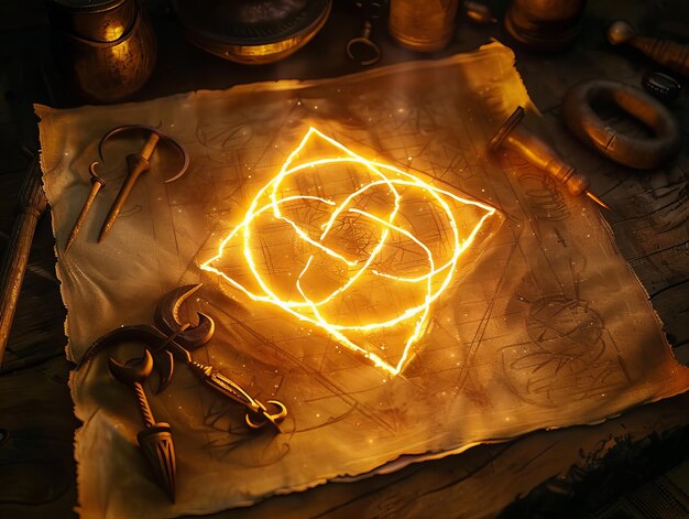 Photo a glowing intricate symbol drawn on parchment surrounded by tools and objects of an unknown purpose