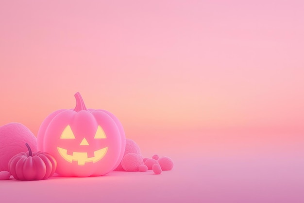 Glowing jack o lantern pumpkin on pink background with Halloween decor soft focus