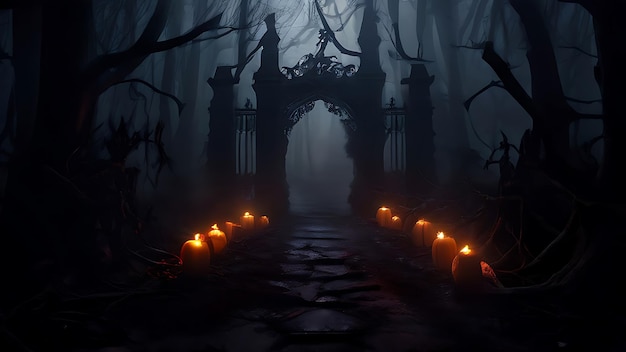 glowing jackolanterns lining a path through a haunted