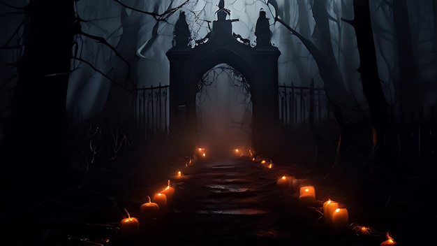 glowing jackolanterns lining a path through a haunted