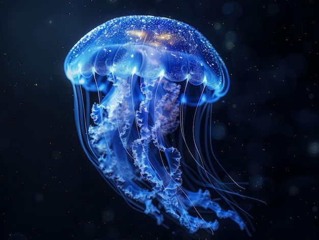 Glowing jellyfish in the dark ocean