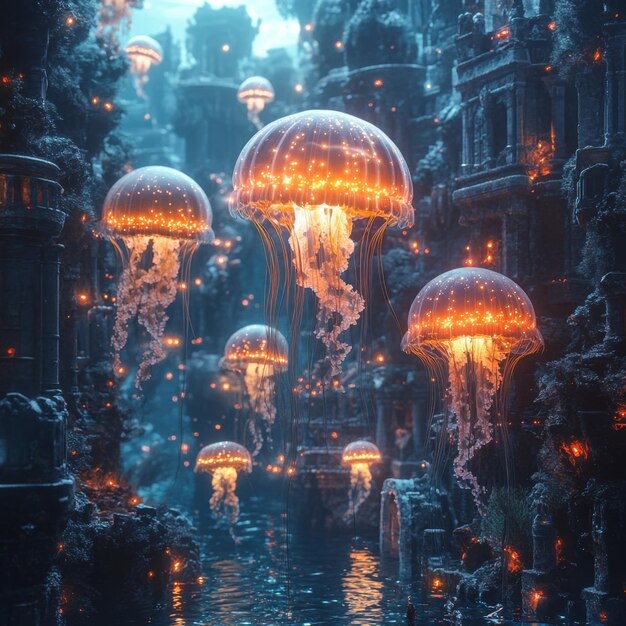 Photo glowing jellyfish in fantasy cityscape