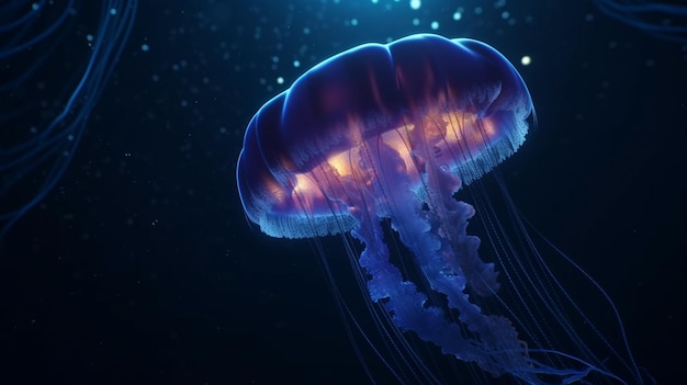 Glowing jellyfish swim deep in blue sea cosmos Medusa neon jellyfish fantasy in space cosmos