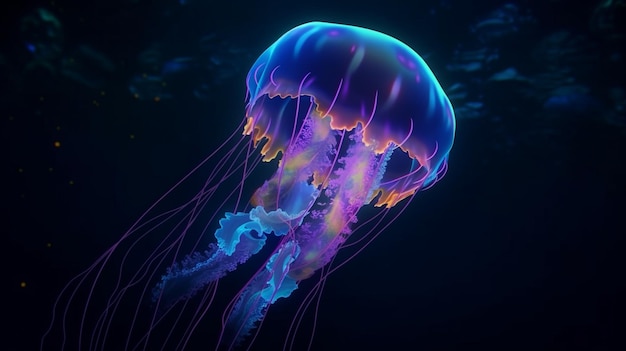 Glowing jellyfish swim deep in blue sea Medusa neon jellyfish fantasy in space cosmos among stars