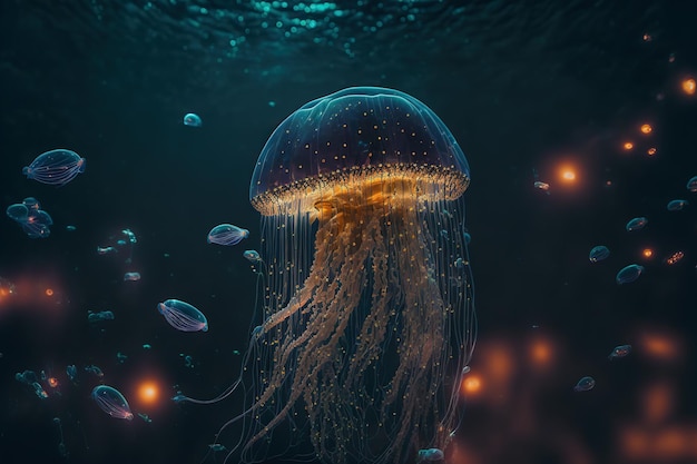 Glowing jellyfish swim deep in blue sea Medusa neon jellyfish fantasy in space cosmos water 3d illustration