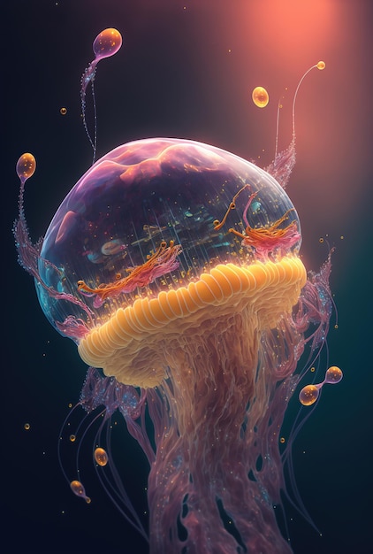 Glowing jellyfish swim deep in blue sea Medusa neon jellyfish fantasy in space cosmos water 3d illustration