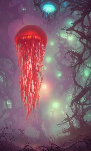 Glowing jellyfish swim deep in blue sea Medusa neon jellyfish fantasy water long filaments of cnidocytes 3d illustration