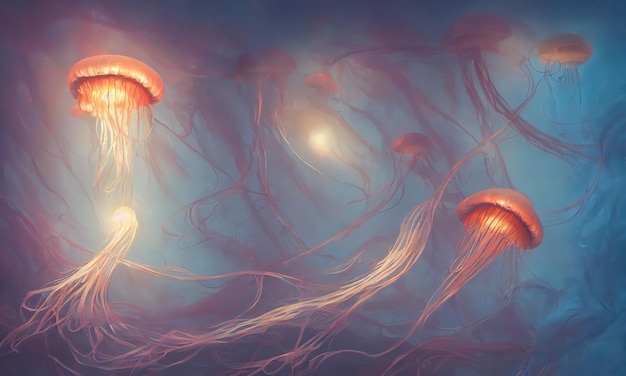 Glowing jellyfish swim deep in blue sea Medusa neon jellyfish fantasy water long filaments of cnidocytes 3d illustration