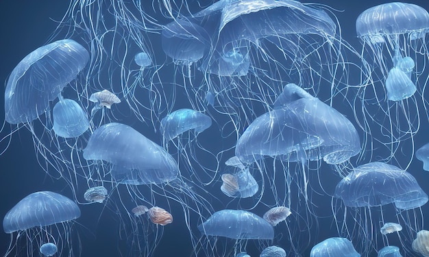 Glowing jellyfish swim deep in blue sea Medusa neon jellyfish fantasy water long filaments of cnidocytes 3d illustration