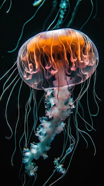 Glowing jellyfish swim deep in blue seacolorful glowing jellyfish in the dark