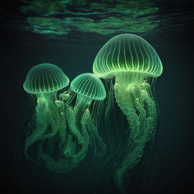 Glowing jellyfish with long tentacles in dark water, underwater world