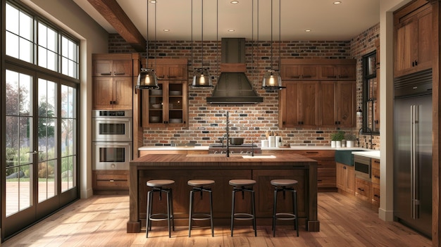 Glowing kitchen with warm wood tones brick accents and contemporary design elements