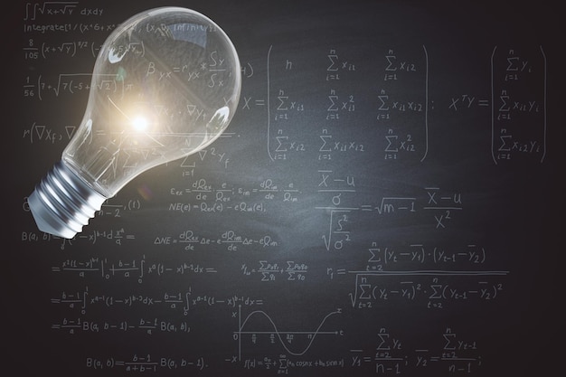 Glowing lamp on chalkboard background with mathematical formulas 3D Rendering