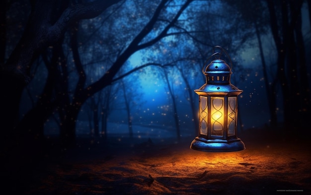 Glowing lantern illuminates dark night with spirituality