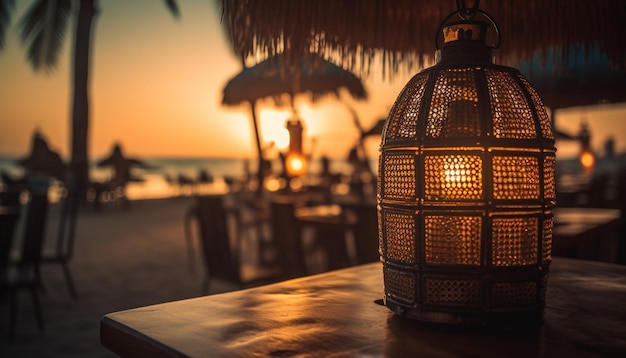 Glowing lantern illuminates old fashioned table at dusk generated by AI