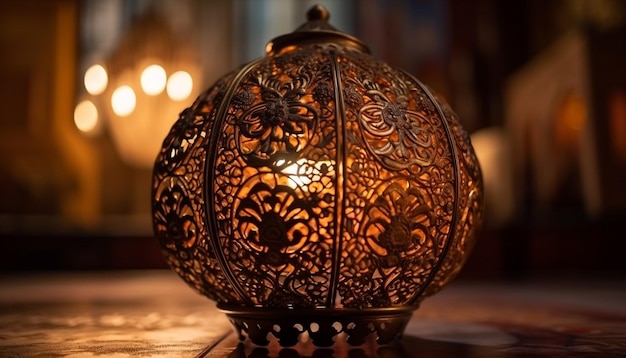 Glowing lantern illuminates ornate old fashioned decoration indoors generated by AI