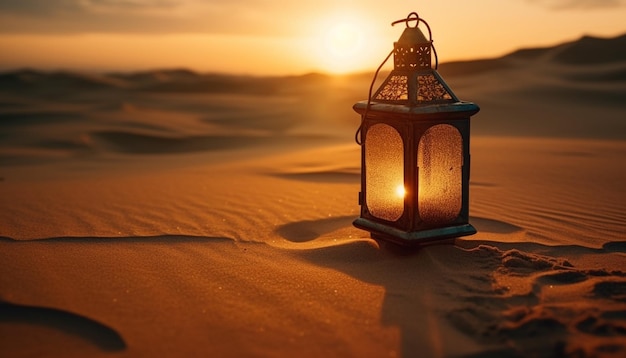 Glowing lantern illuminates sand dune at dusk generated by AI