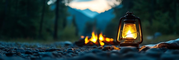 Photo a glowing lantern sits on a blanket by a campfire in a serene forest setting the warm light of