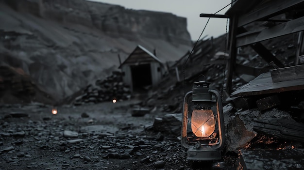 Photo a glowing lantern sits on a pile of rubble in front of a wooden shack in the middle of a rocky mountainous landscape