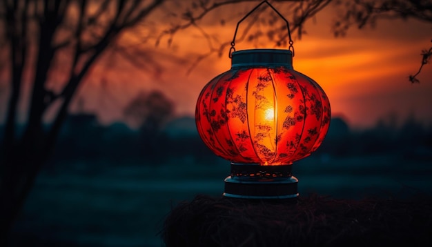 Glowing lanterns illuminate spooky Halloween decorations outdoors generated by AI