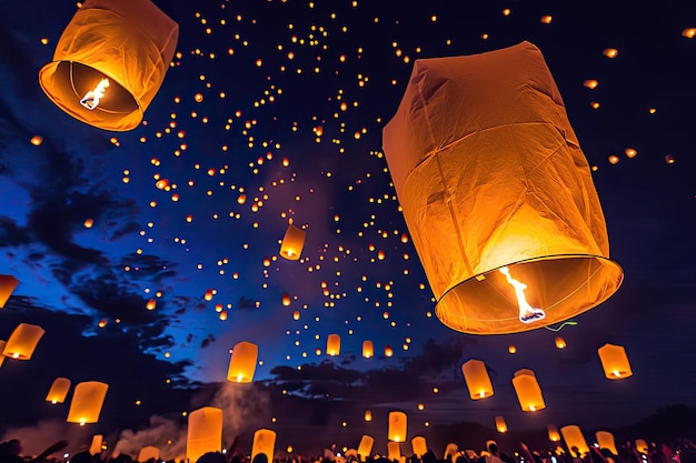 Glowing lanterns released into the night sky for a special occasion