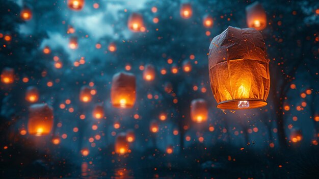 Photo glowing lanterns in the sky a magical nighttime experience generative ai