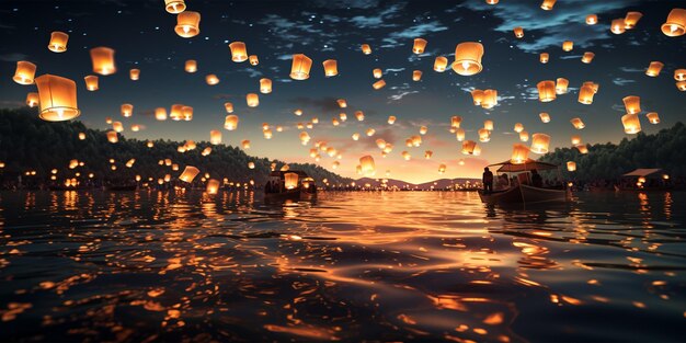 Glowing lanterns soaring over tranquil lagoon in New Years Eve celebration By fotogurmespb