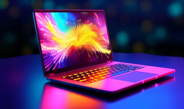 Glowing laptop communicates globally on digital display generative ai