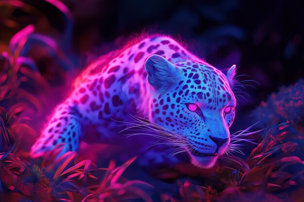 Photo glowing leopard chasing prey in wild environment