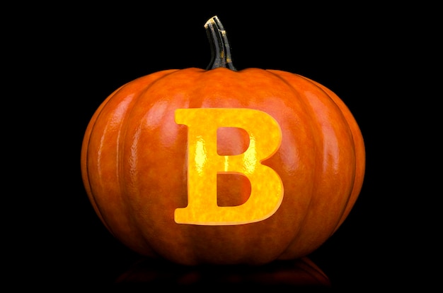 Glowing Letter B carved in pumpkin Halloween font on black background 3D rendering