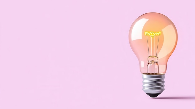 A glowing light bulb against a soft pink background symbolizing ideas inspiration and creativity in a minimalist design