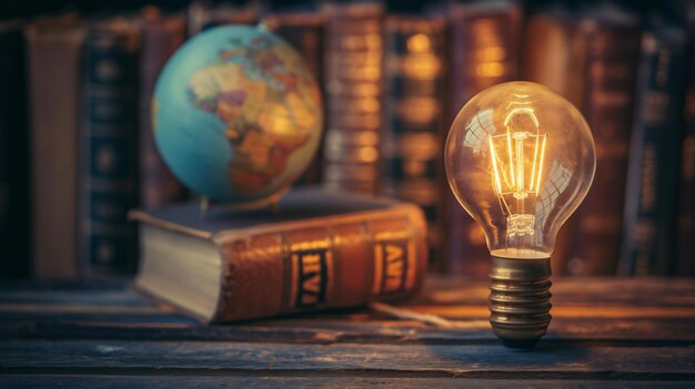 Photo a glowing light bulb beside a stack of books and a globe on a wooden table symbolizing knowledge enl