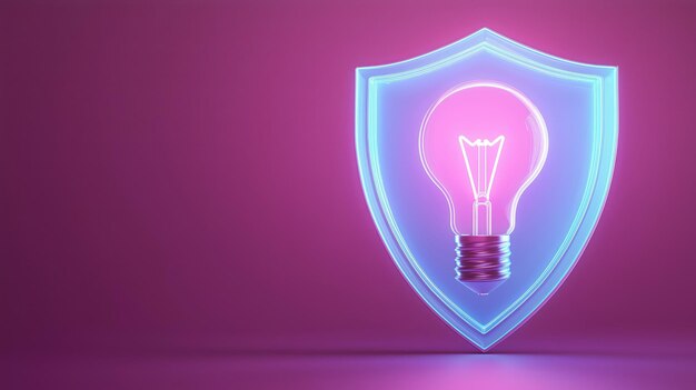 Glowing light bulb inside shield on magenta background symbolizing innovation and protection