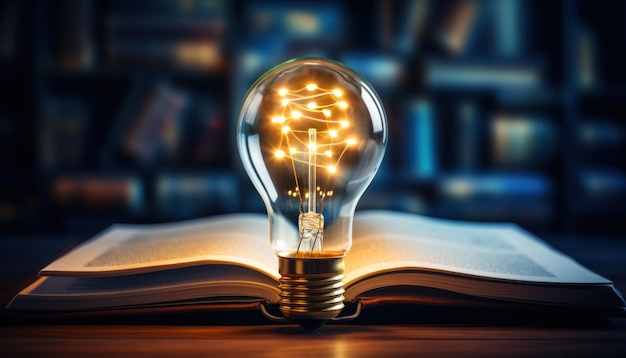 Glowing Light Bulb on Open Book with Dark Bokeh Background