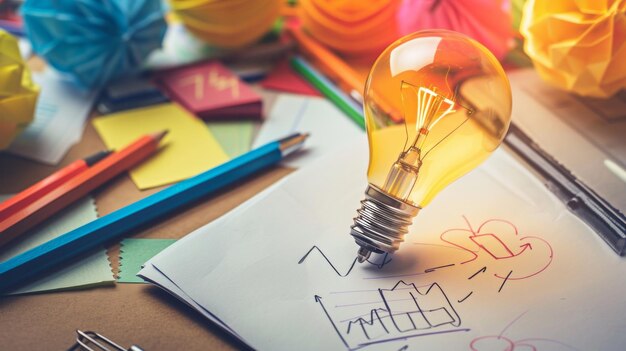 A glowing light bulb rests atop a blank piece of paper against a backdrop of creative ideas paper sh