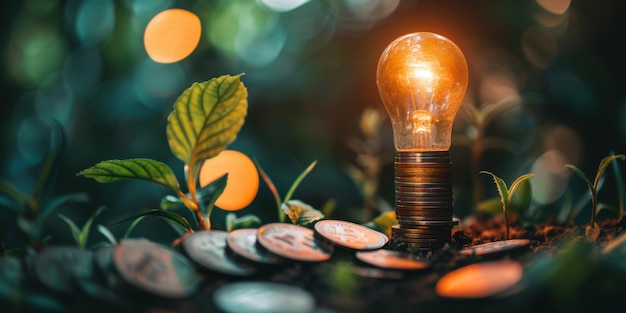 A glowing light bulb surrounded by coins and greenery symbolizing energy efficiency and sustainable financial savings