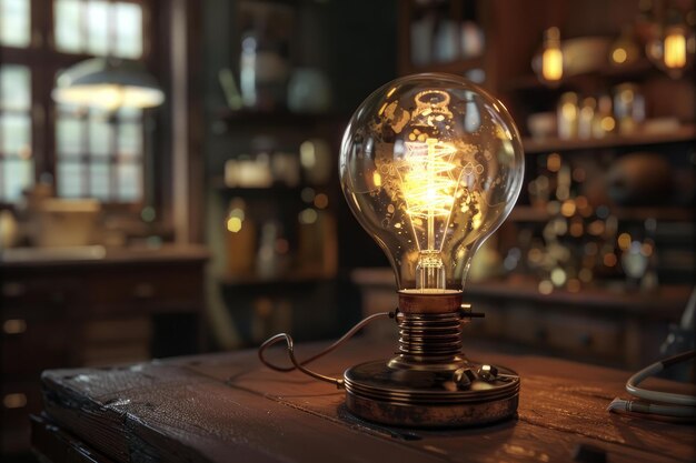 Glowing light bulb on vintage wooden table