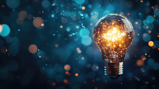 Photo glowing light bulb with bokeh background representing ideas and creativity