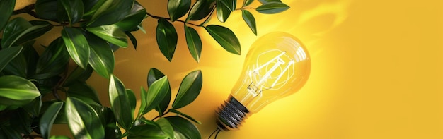 A glowing light bulb with green leaves against a yellow background symbolizing sustainable energy an