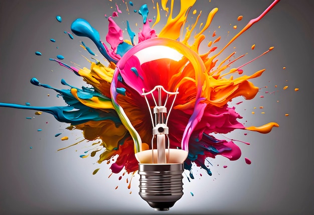 Glowing light bulb with splashes of bright paint and sparks on a black background