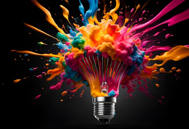 Glowing light bulb with splashes of bright paint and sparks on a black background