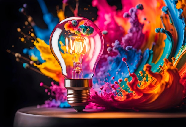 Glowing light bulb with splashes of bright paint and sparks on a black background