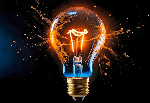 Glowing light bulb with splashes of bright paint and sparks on a black background