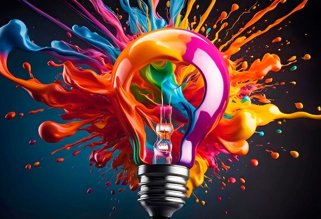 Glowing light bulb with splashes of bright paint and sparks on a black background