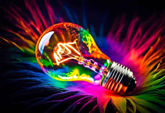 Glowing light bulb with splashes of bright paint and sparks on a black background