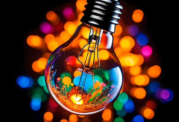 Glowing light bulb with splashes of bright paint and sparks on a black background