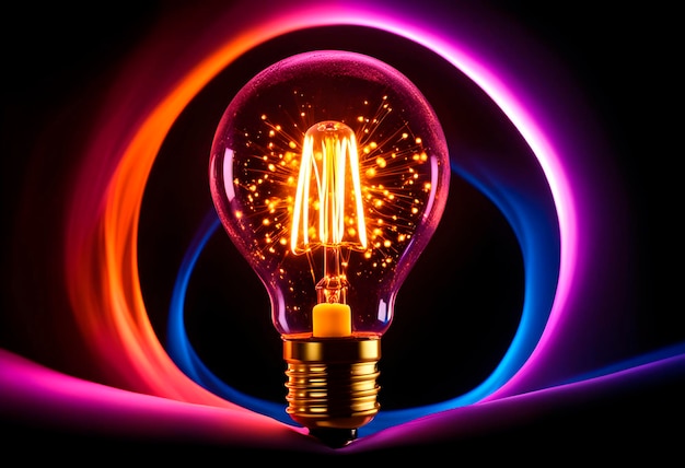 Glowing light bulb with splashes of bright paint and sparks on a black background