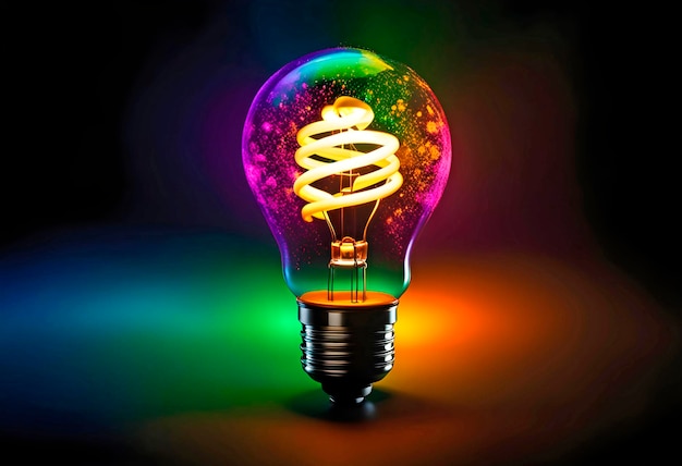 Glowing light bulb with splashes of bright paint and sparks on a black background