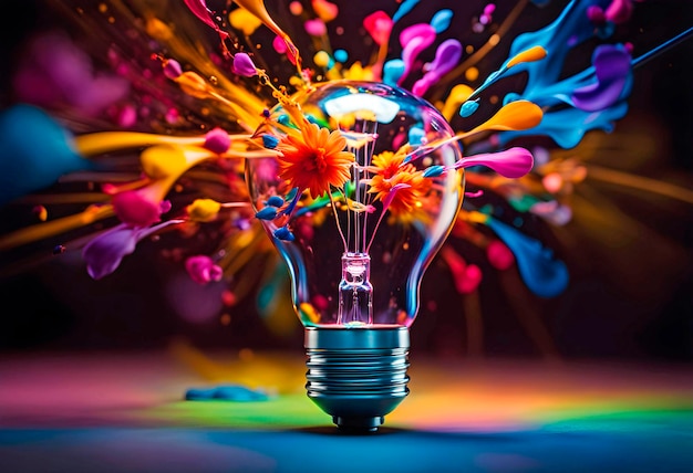 Glowing light bulb with splashes of bright paint and sparks on a black background